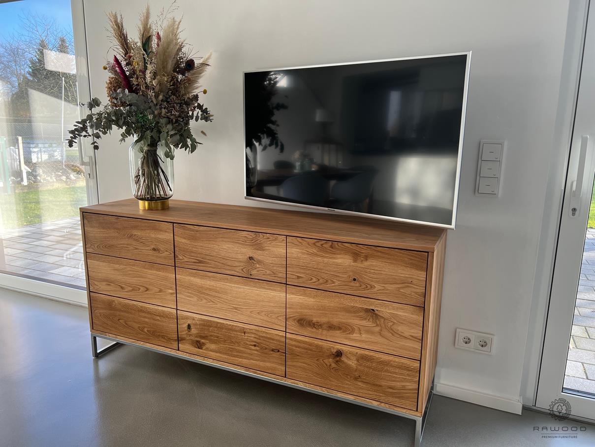 Nowoczesna komoda dębowa z szufladami na metalowej podstawie na zamówienie do salonu sypialni MERIS