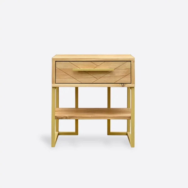 Drewniana szafka nocna w jodełkę na metalowych nogach do sypialni CARIN