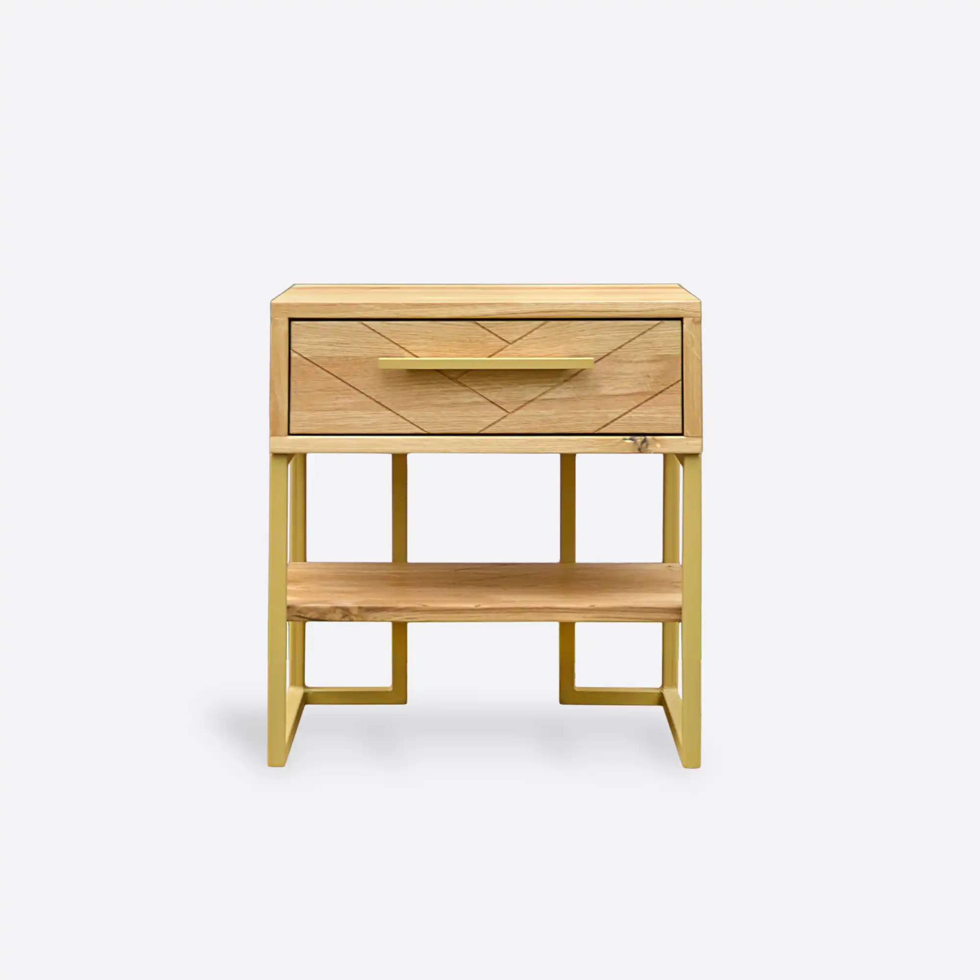 Drewniana szafka nocna w jodełkę na metalowych nogach do sypialni CARIN